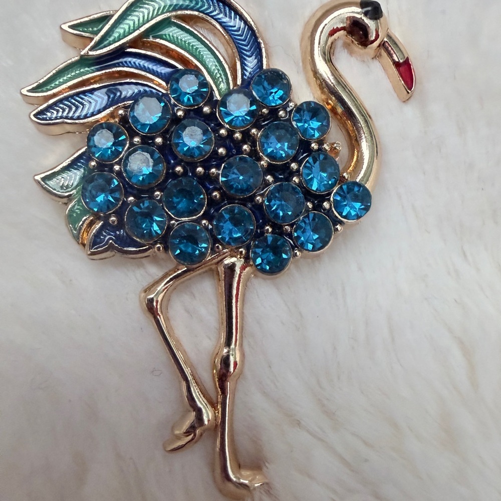Flamingo Brooch - Gold Tone-Blue Crystals
